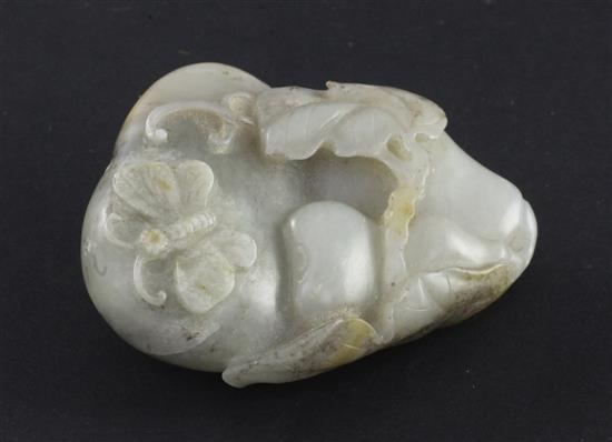 A Chinese pale celadon russet and black jade carving of gourds, 7.2cm